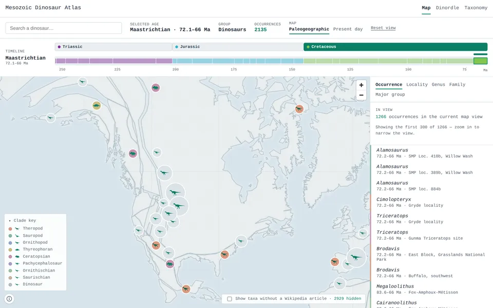 The map screen: an old world map with colourful dots marking dinosaur fossil discoveries, and a timeline slider running along the top.